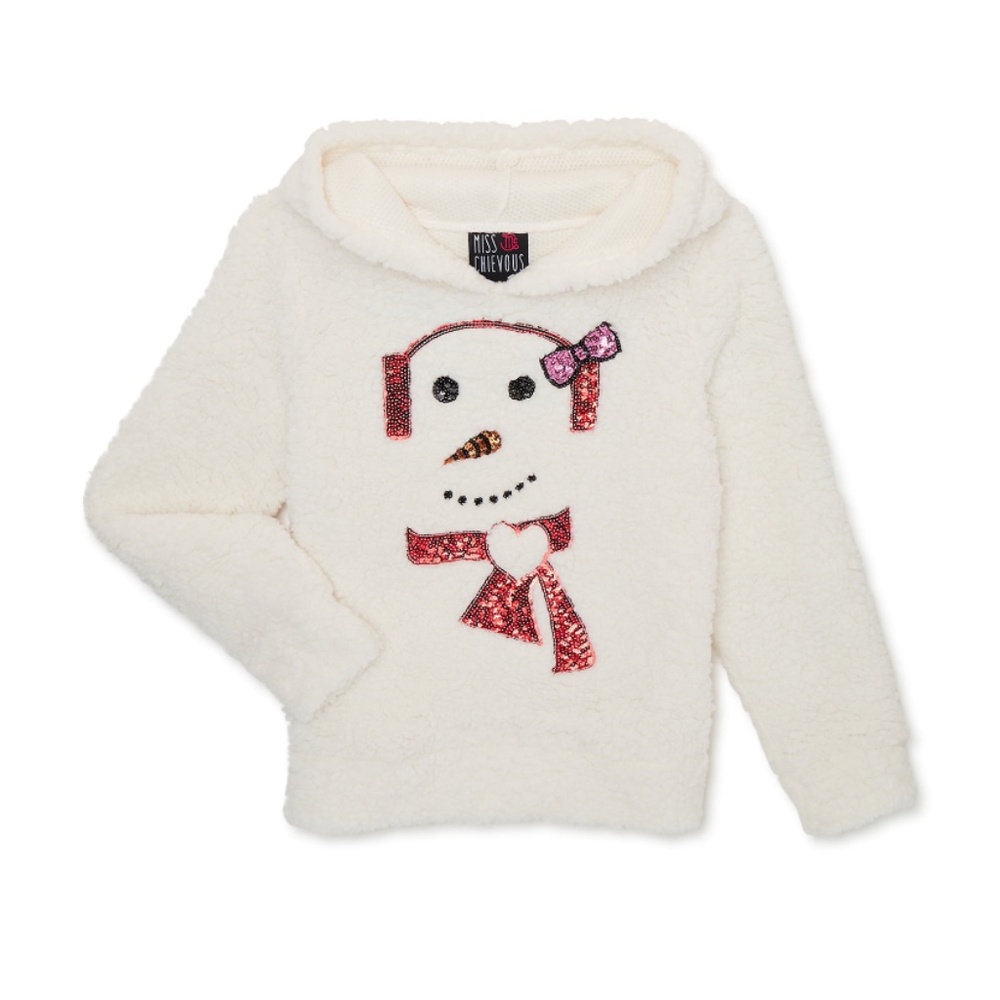 Miss Chievous Girls Snowman Sequin Plush Faux Sherpa Pullover Hoodie